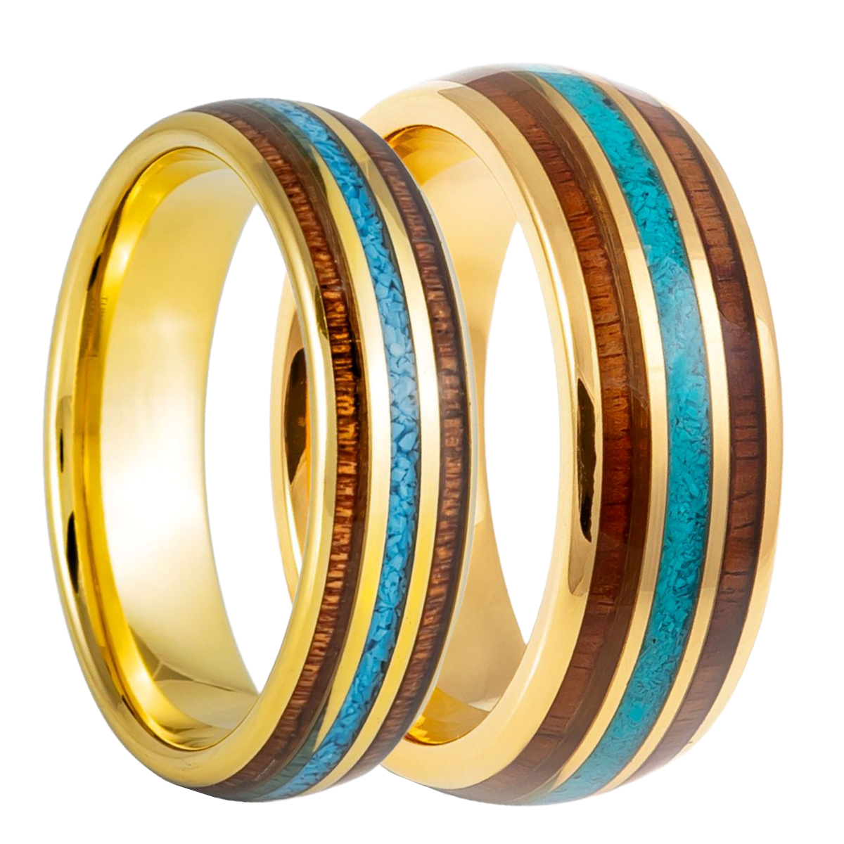 Wood & Turquoise Inlaid Gold Tungsten Couple's Matching Wedding Band Set