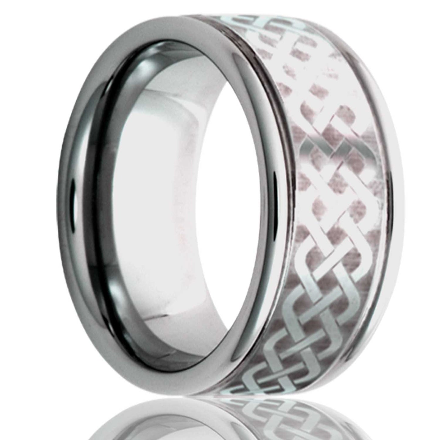 A celtic sailor's knot grooved cobalt wedding band displayed on a neutral white background.