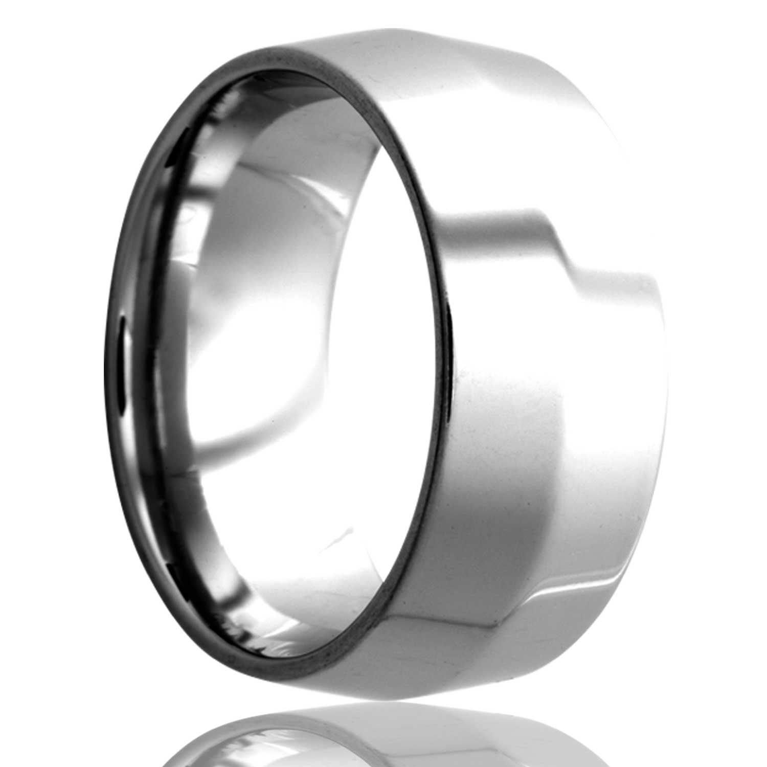 A knife edge platinum wedding band displayed on a neutral white background.