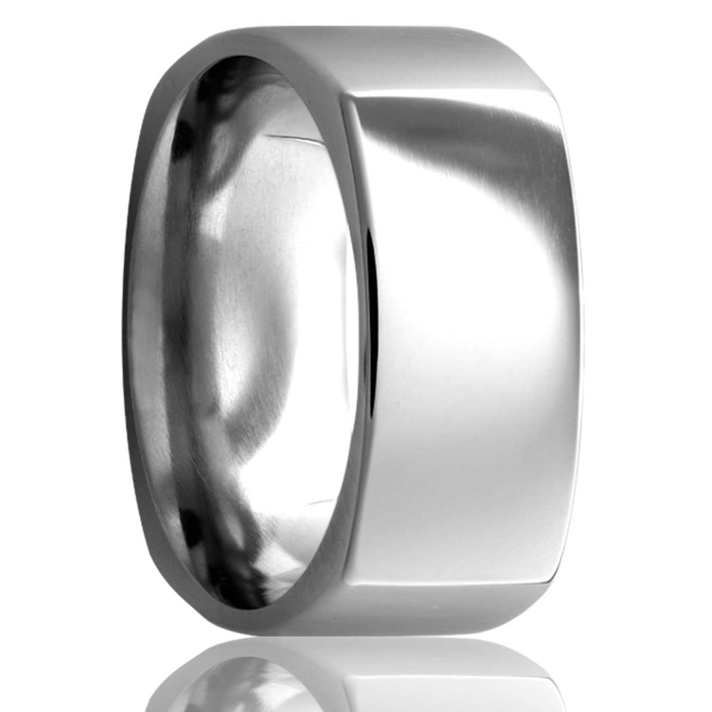 A square shaped platinum wedding band displayed on a neutral white background.