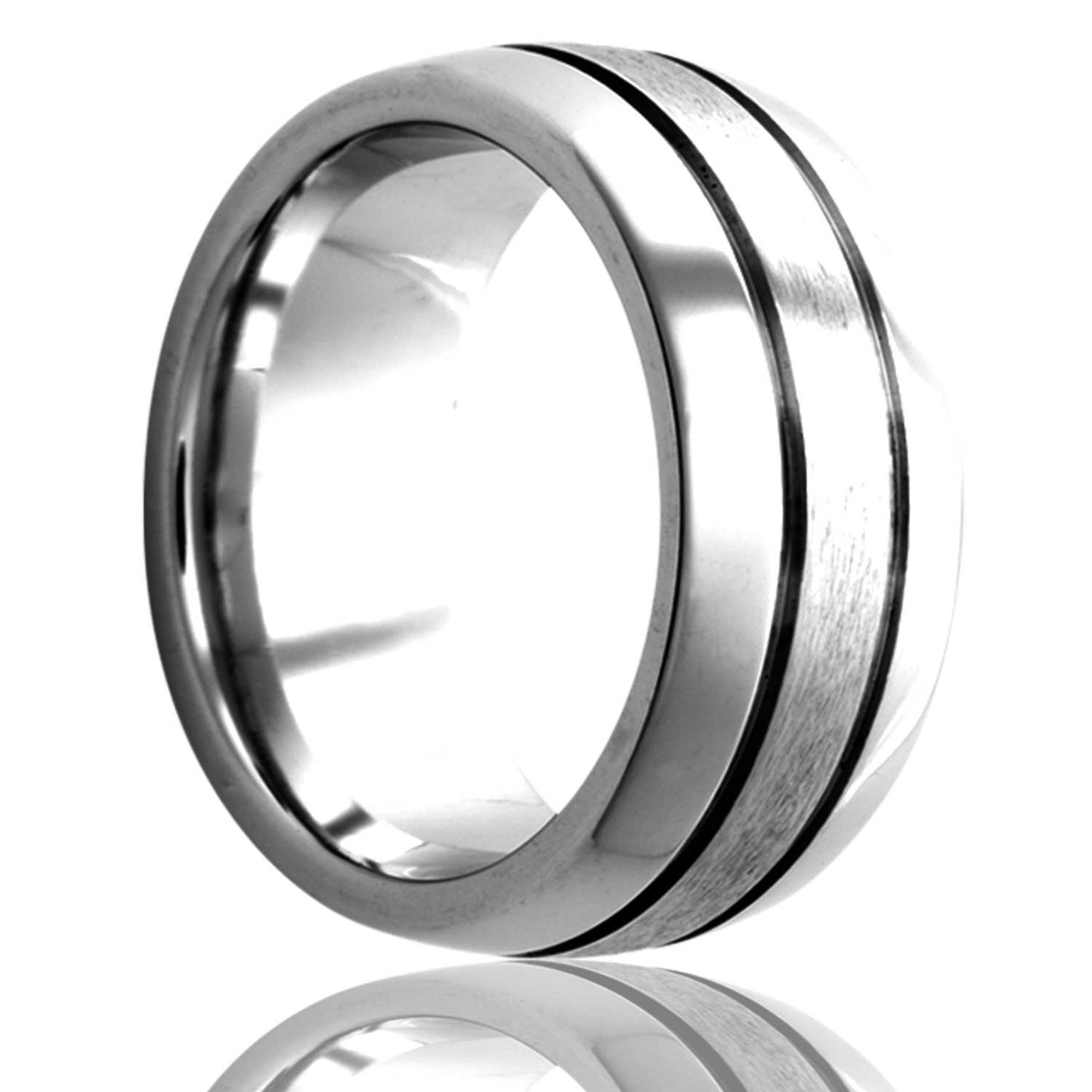 A domed satin finish grooved cobalt wedding band displayed on a neutral white background.
