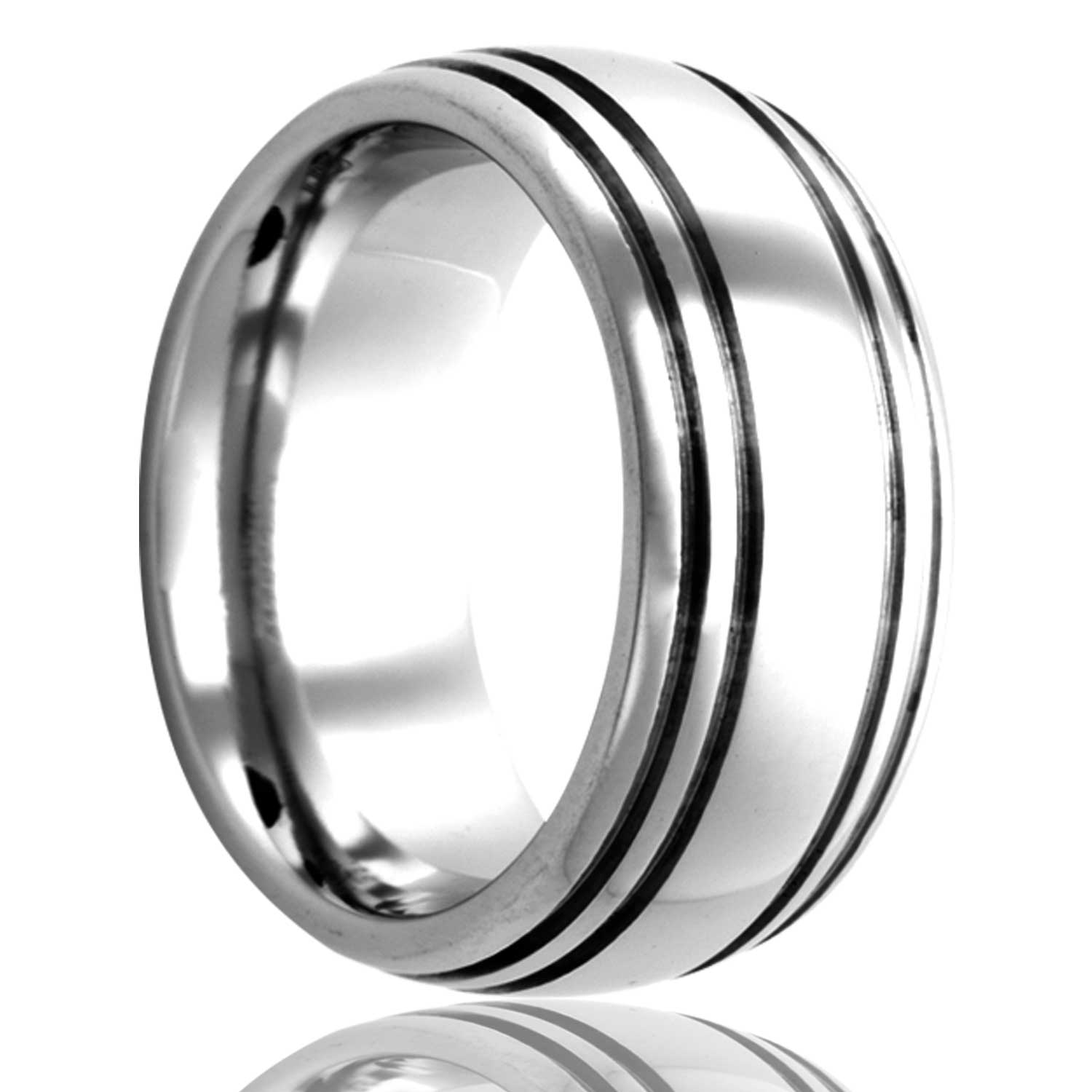A domed cobalt wedding band with quadruple grooves displayed on a neutral white background.