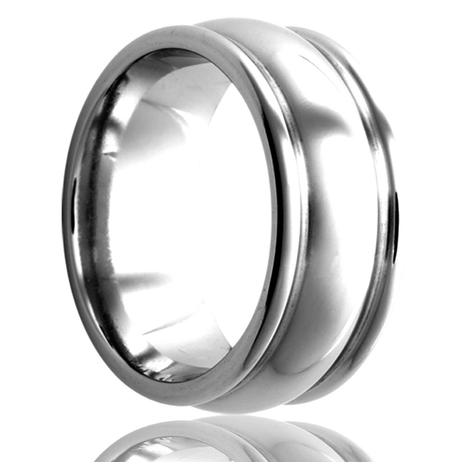A domed cobalt wedding band with grooved & stepped edges displayed on a neutral white background.