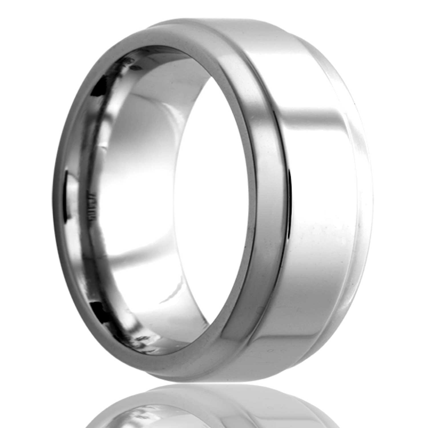 A cobalt wedding band with large stepped edges displayed on a neutral white background.