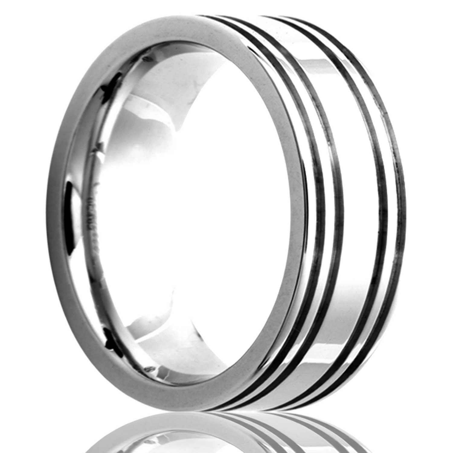 A quadruple grooved cobalt wedding band displayed on a neutral white background.