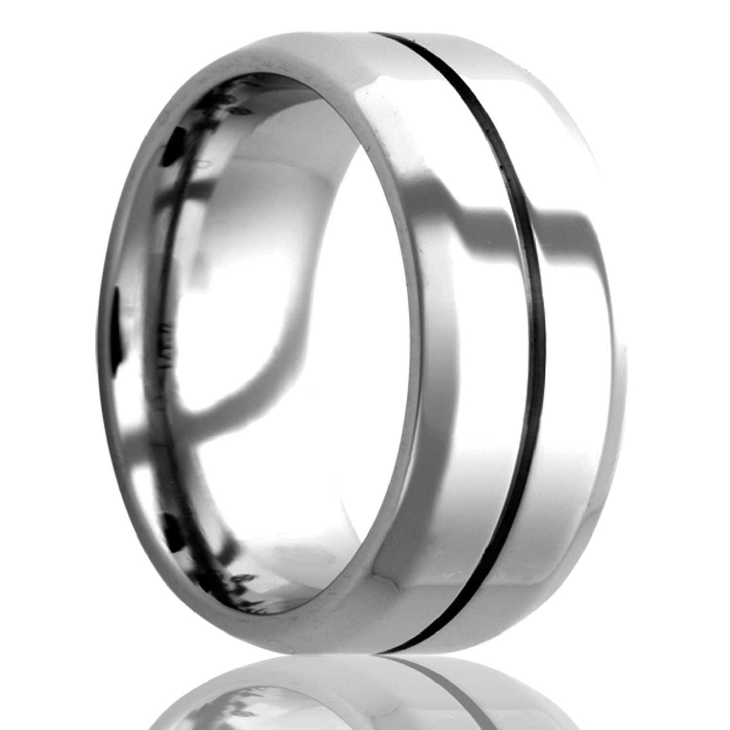 A center groove cobalt wedding band with beveled edges displayed on a neutral white background.