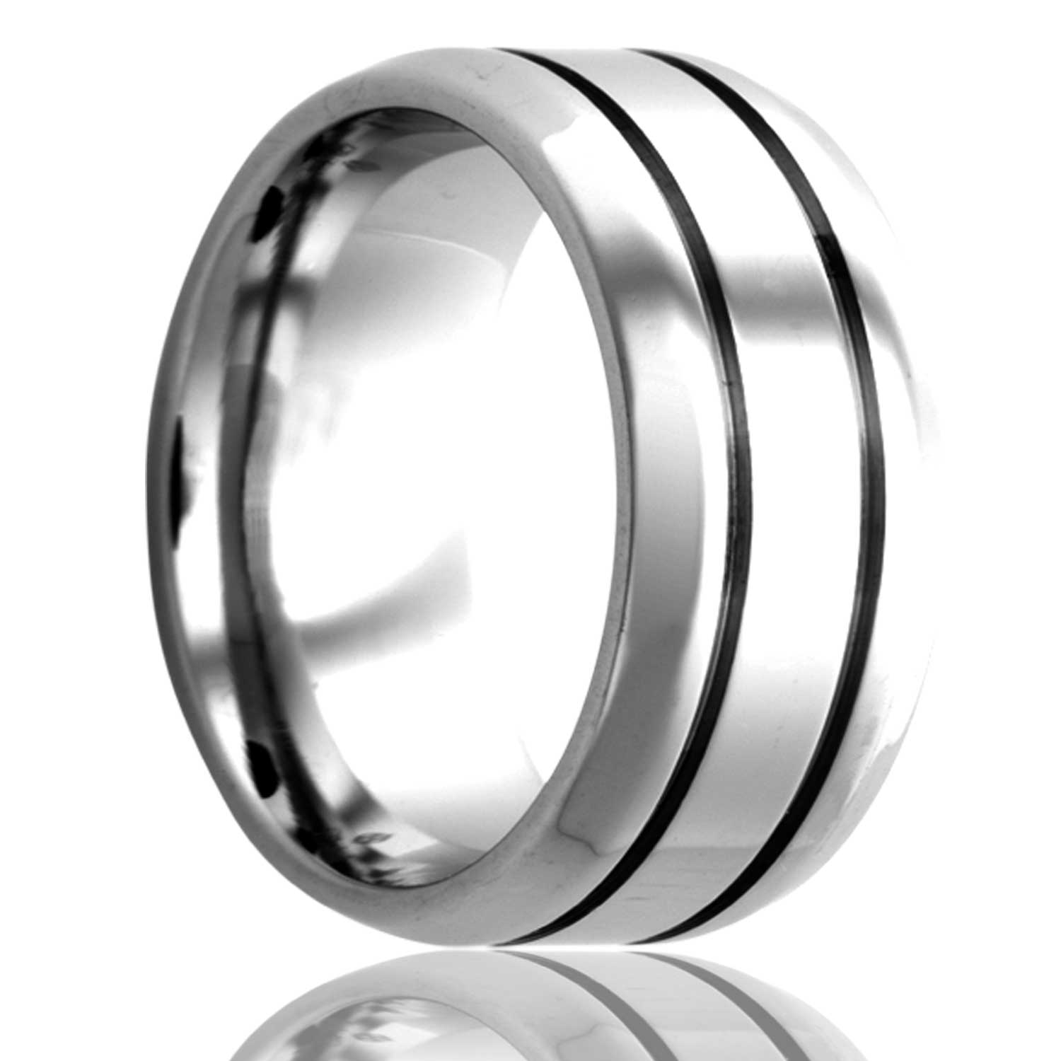 A grooved cobalt wedding band with beveled edges displayed on a neutral white background.