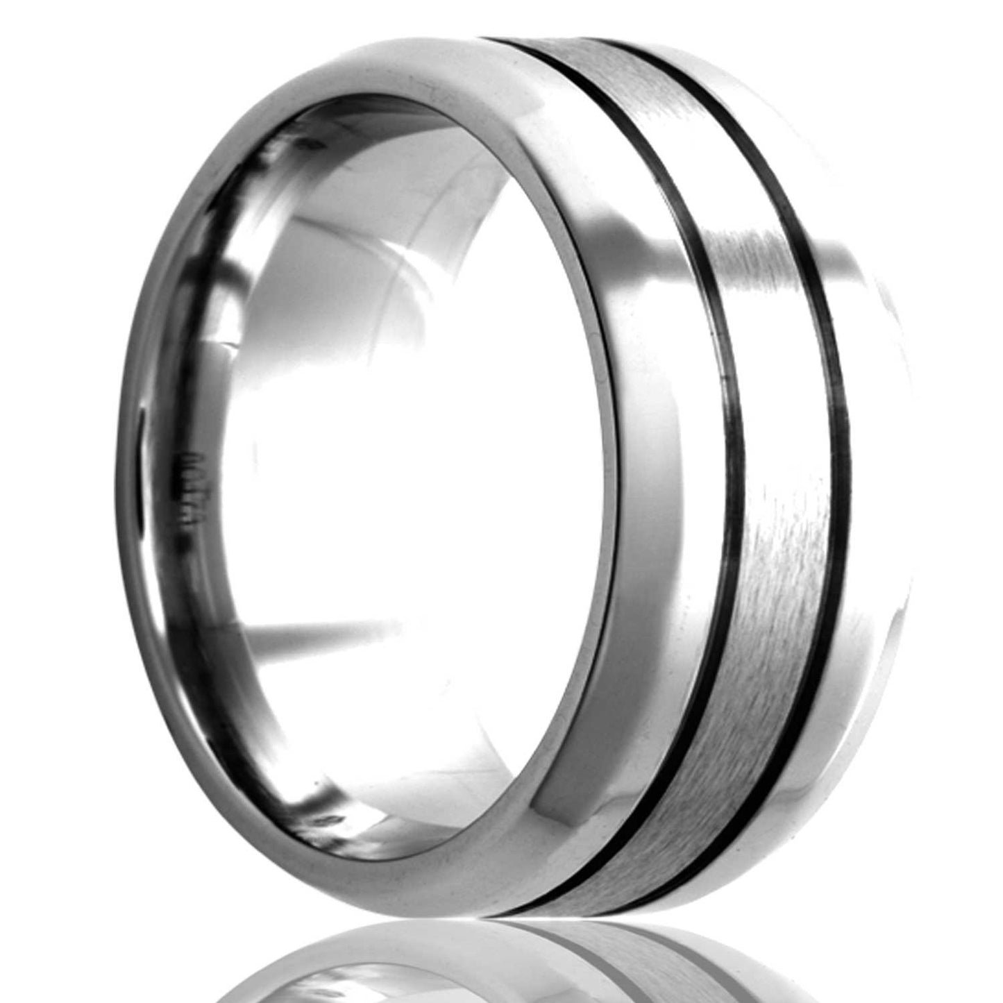 A satin finish grooved cobalt wedding band with beveled edges displayed on a neutral white background.