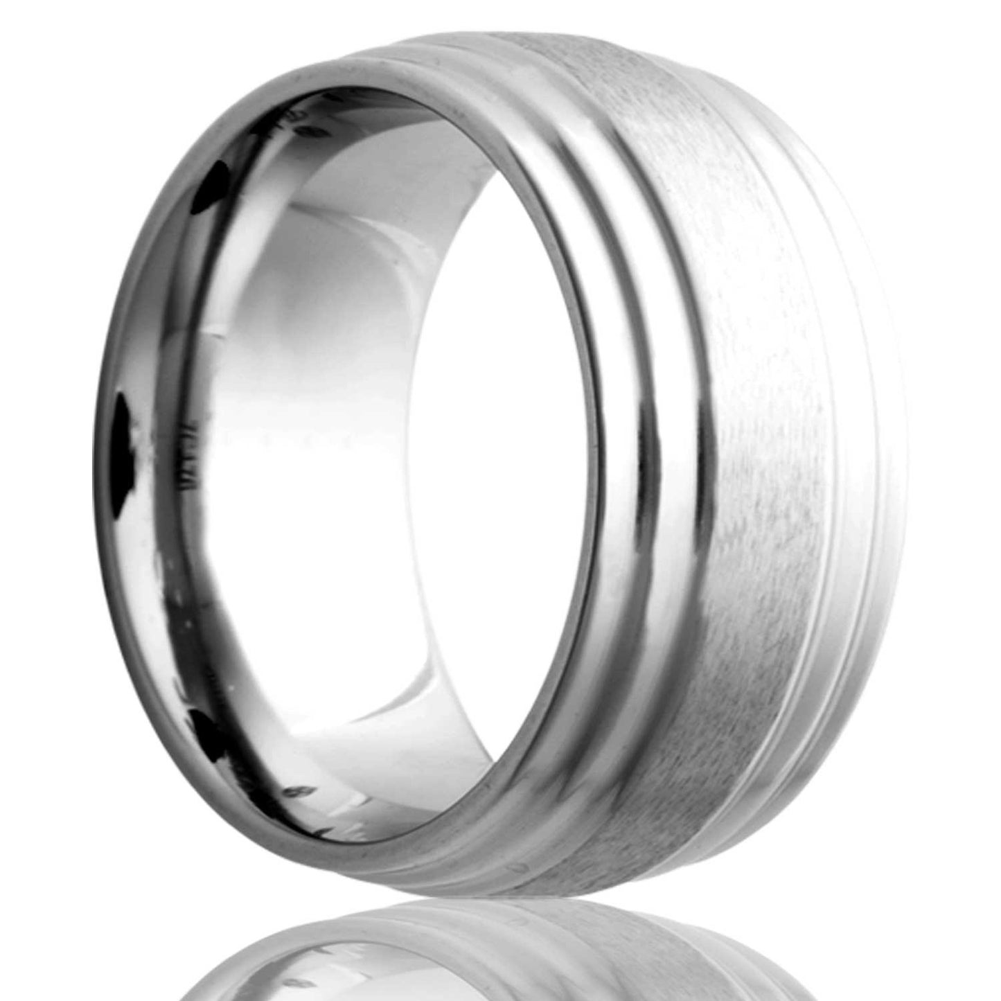 A satin finish cobalt wedding band with stair steps edges displayed on a neutral white background.
