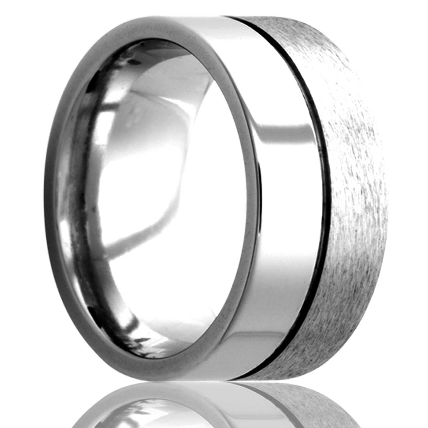A grooved cobalt wedding band with half polished & satin finishes displayed on a neutral white background.