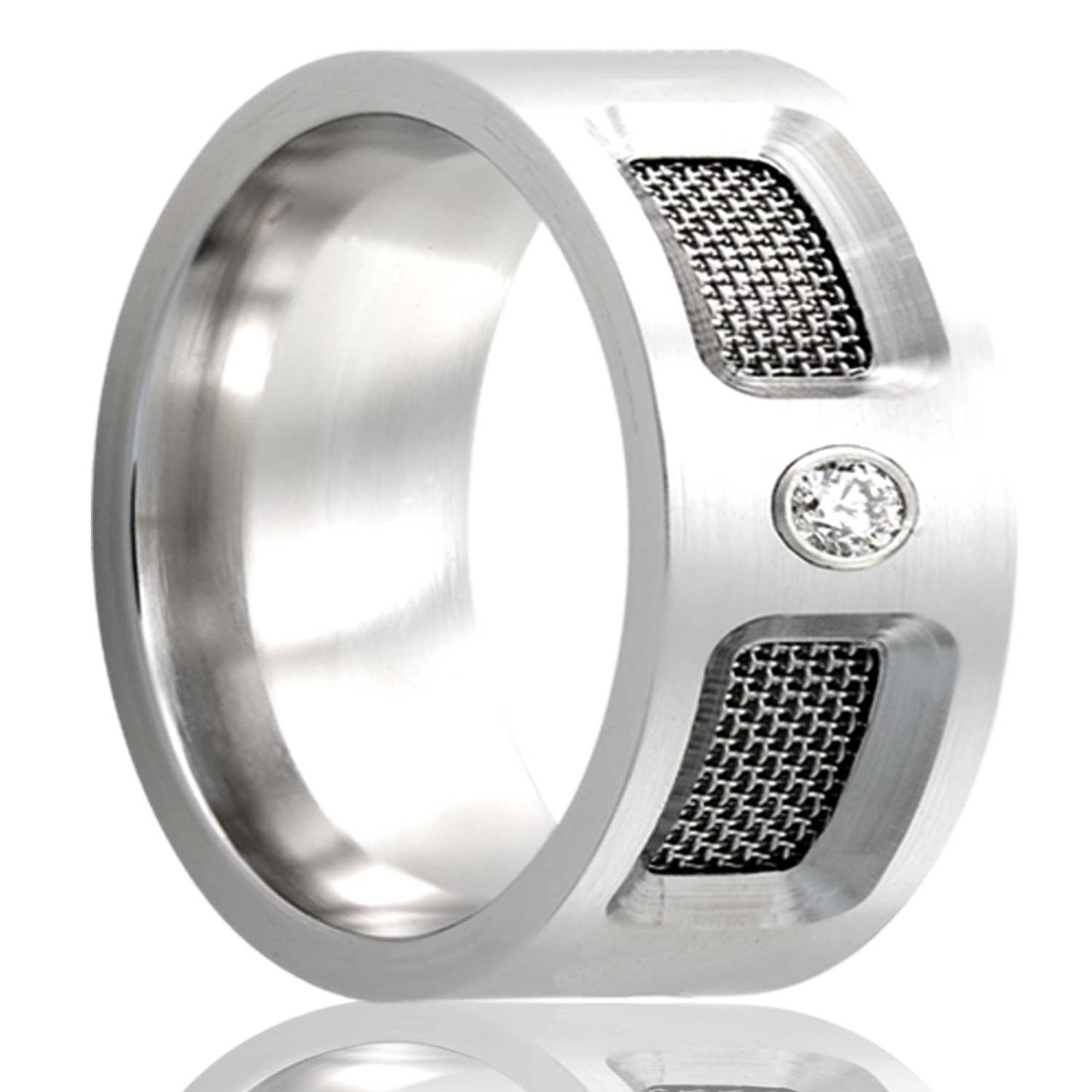 A mesh inlay men's cobalt men's wedding band with diamond displayed on a neutral white background.