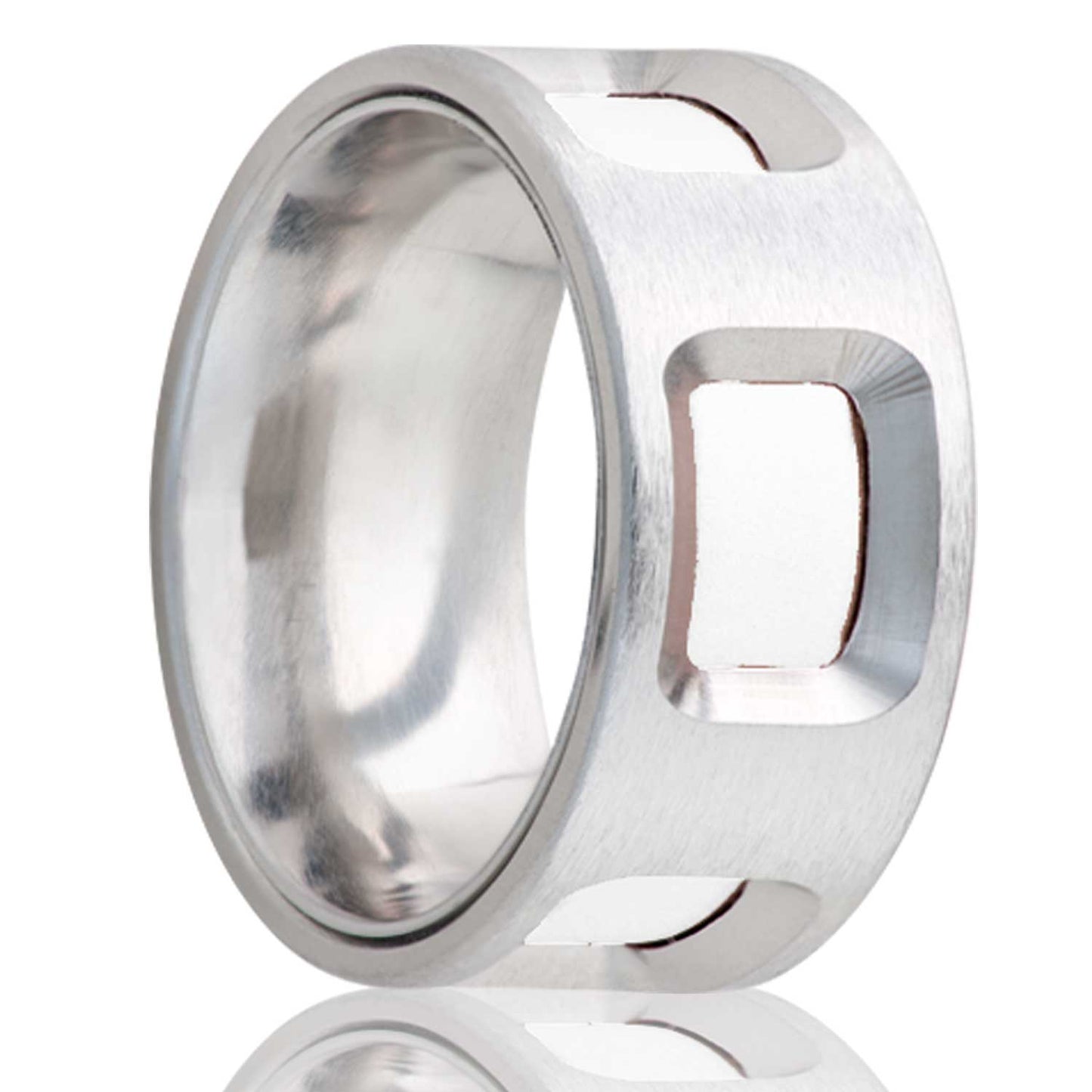 A cobalt men's wedding band with argentium silver inlays displayed on a neutral white background.