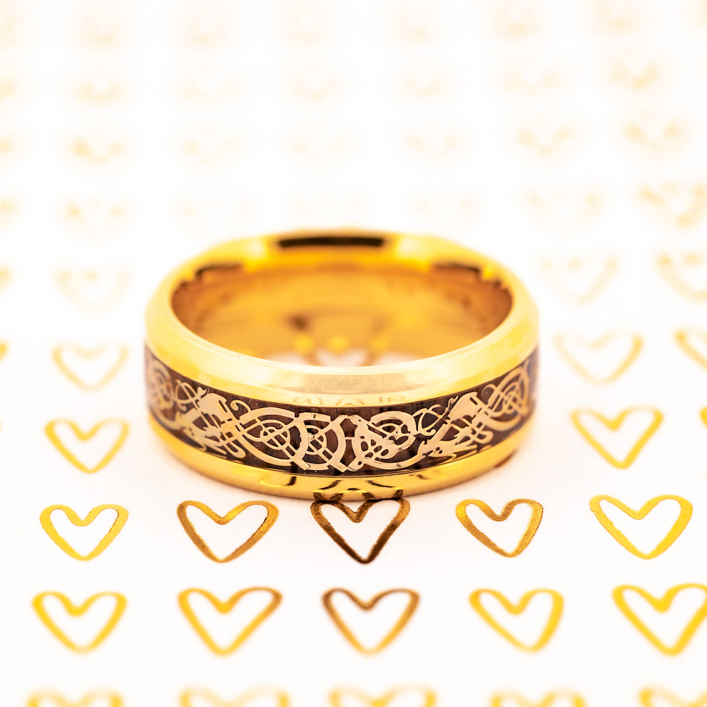 Celtic Dragon & Wood Inlaid Yellow Gold Men's Titanium Ring
