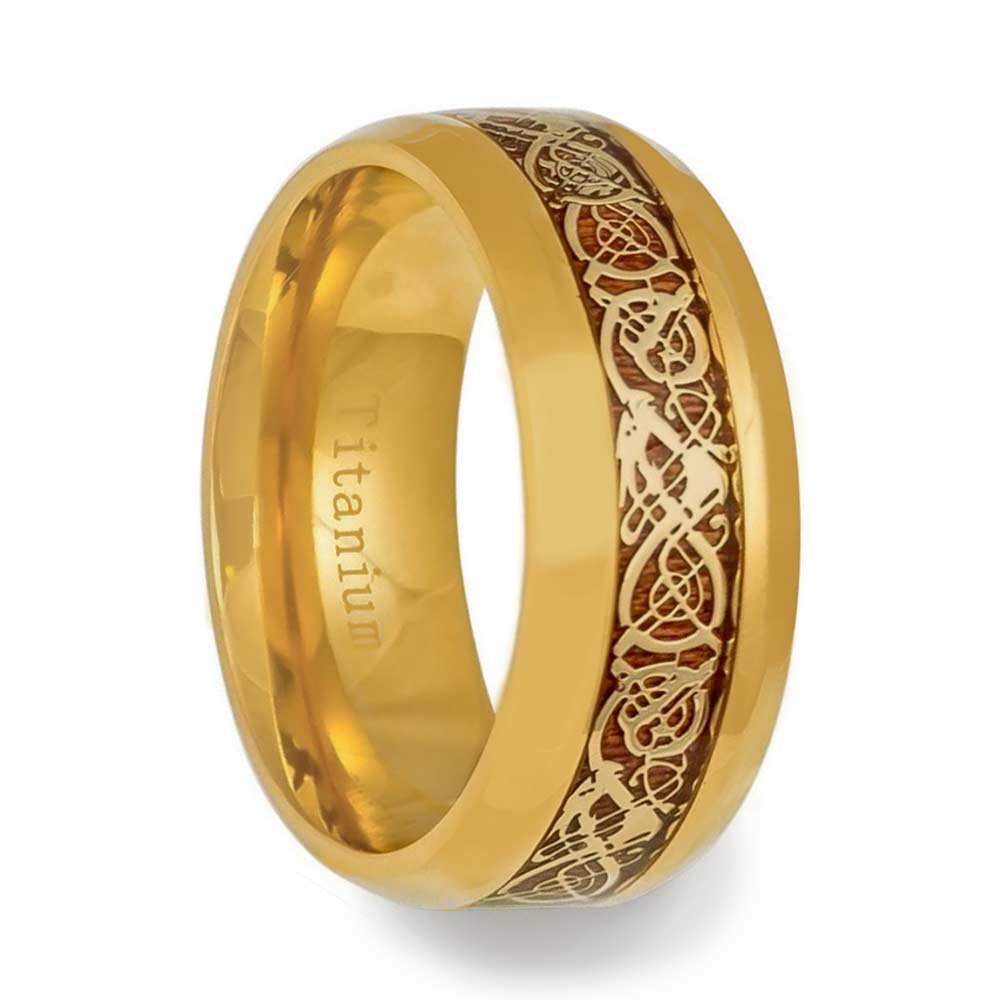 Celtic Dragon & Wood Inlaid Yellow Gold Men's Titanium Ring