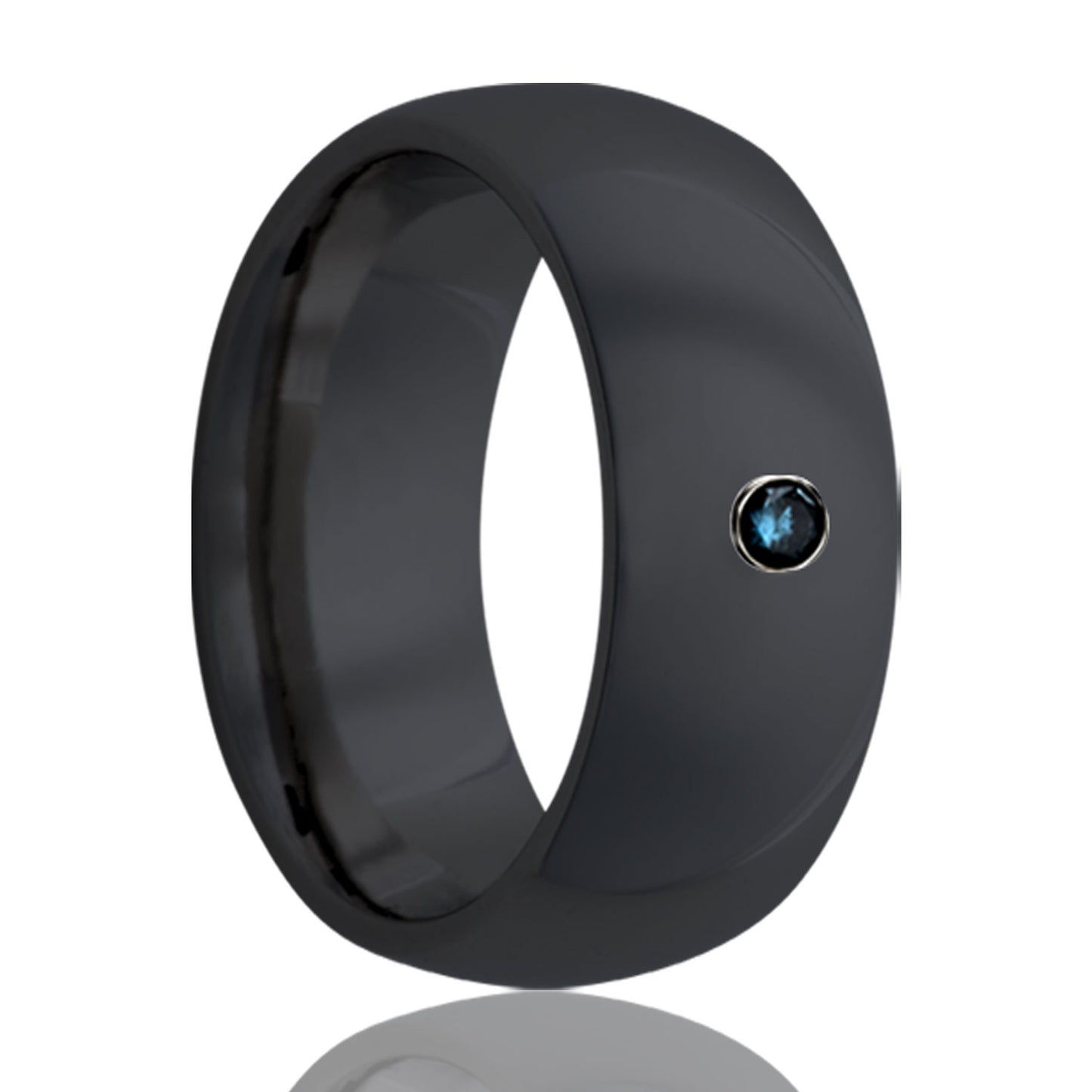 A domed zirconium wedding band with blue diamond displayed on a neutral white background.