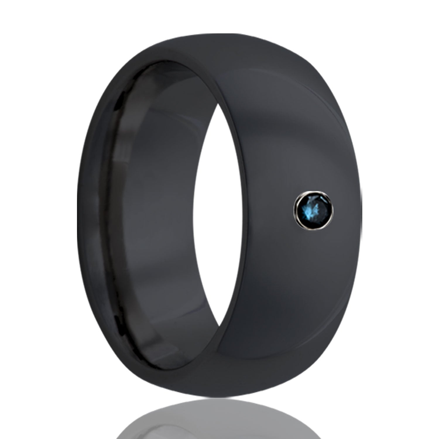 A domed zirconium wedding band with blue diamond displayed on a neutral white background.