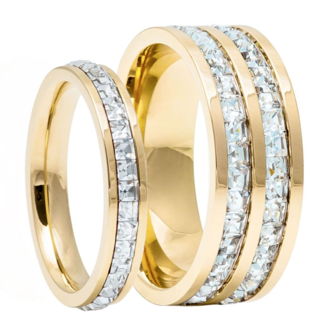 Gold Titanium & Cubic Zirconia Couple's Matching Wedding Band Set