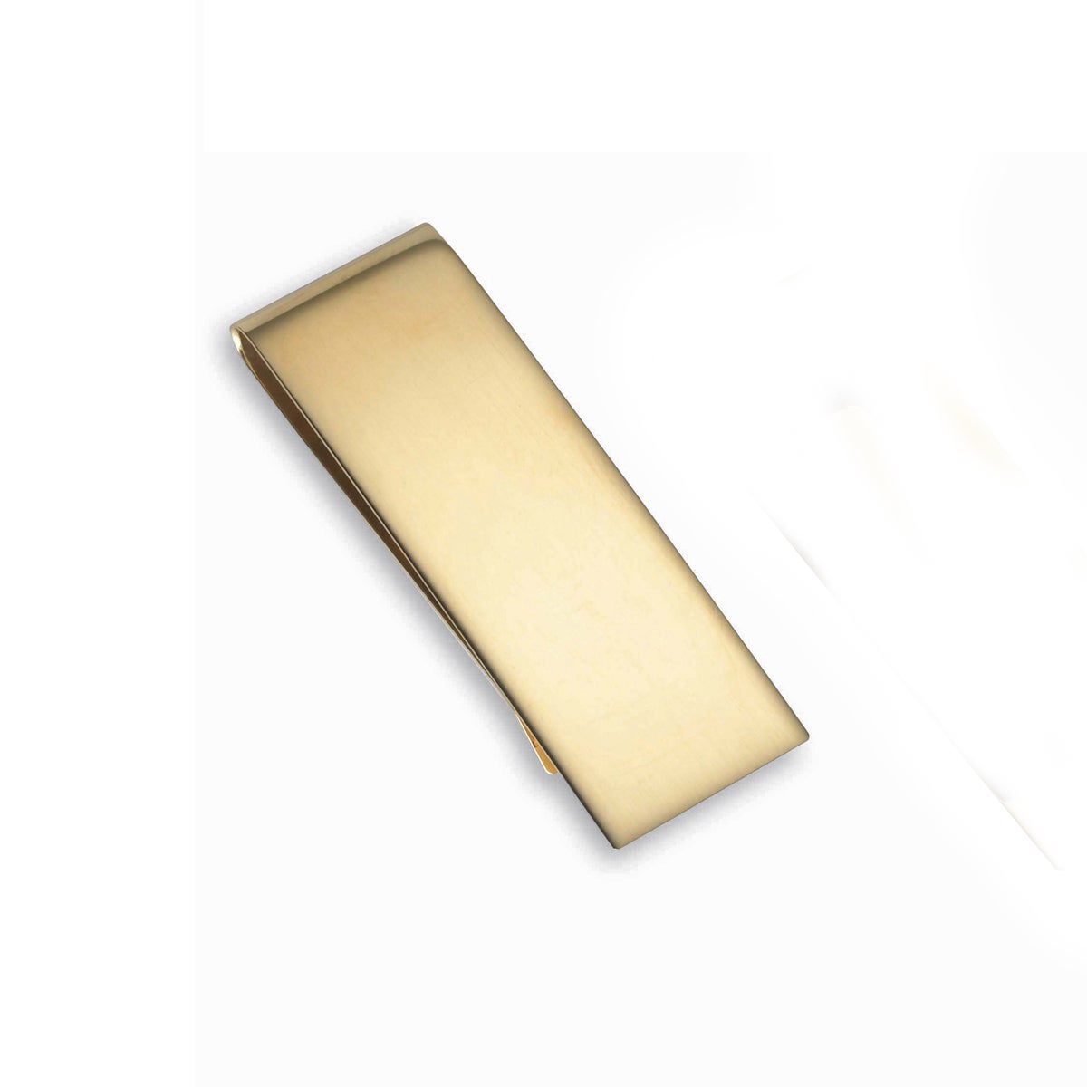 A 14k yellow gold polished money clip displayed on a neutral white background.