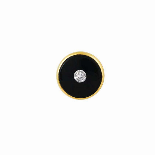 A 14k yellow gold & onyx tie tack with diamond displayed on a neutral white background.