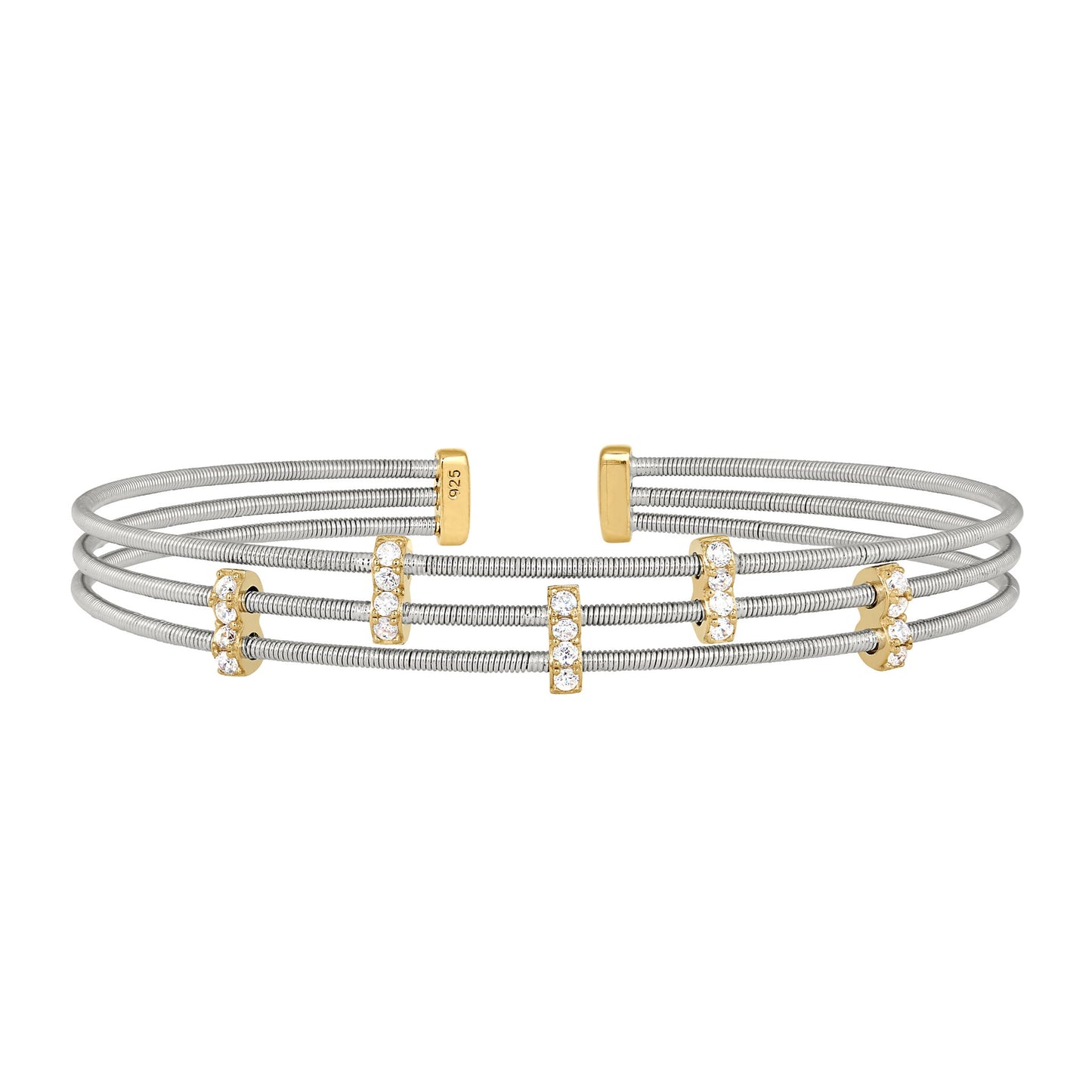 A three cable bracelet with simulated diamond five small vertical bars displayed on a neutral white background.