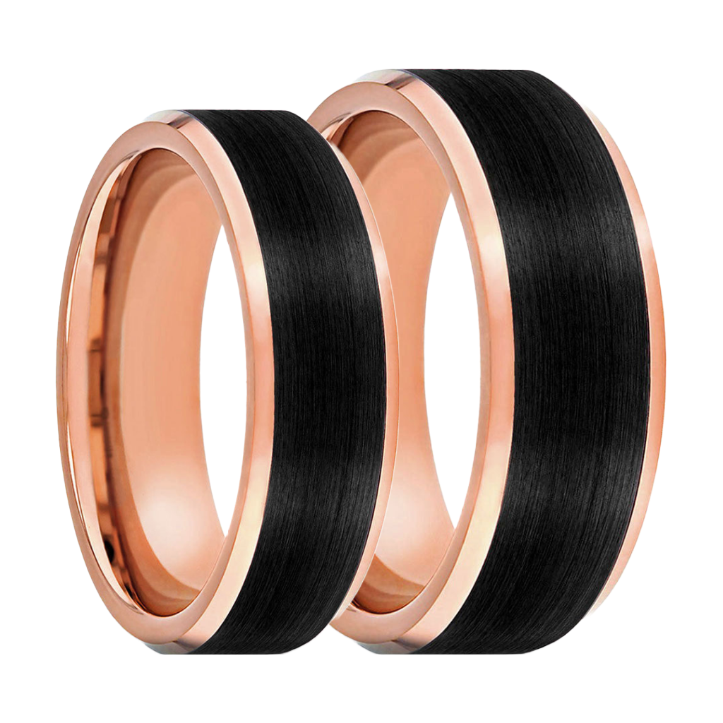 Rose Gold Tungsten Couple's Matching Wedding Band Set with Black Center