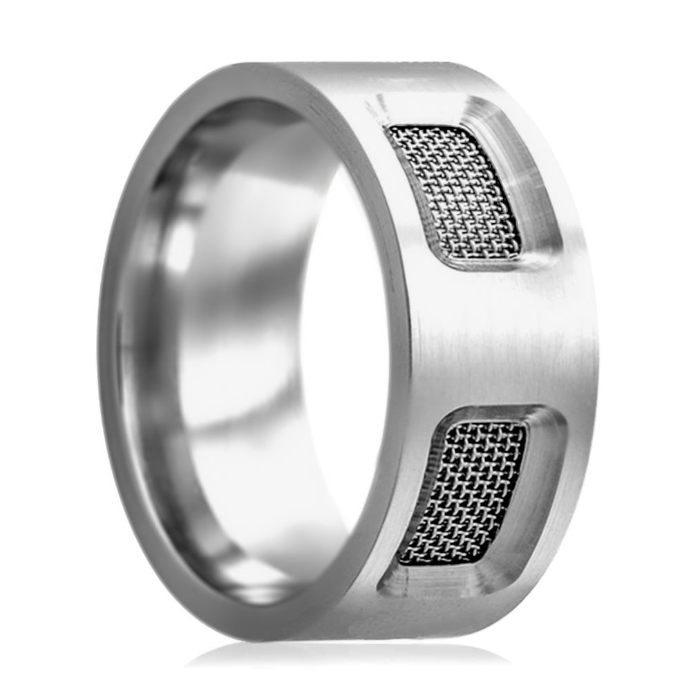 A cobalt men's wedding band with mesh inlays displayed on a neutral white background.