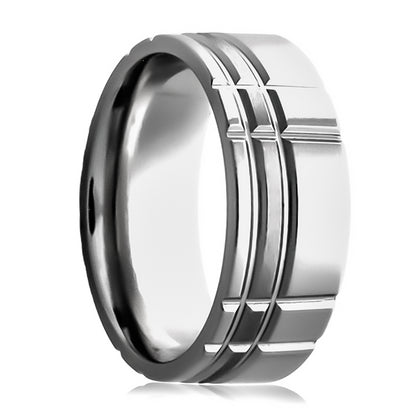 A satin finish grooved cobalt wedding band displayed on a neutral white background.