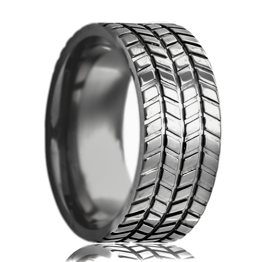 A tire tread cobalt men's wedding band displayed on a neutral white background.