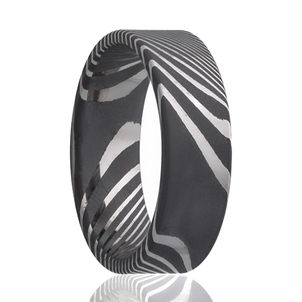 A damascus steel wedding band displayed on a neutral white background.