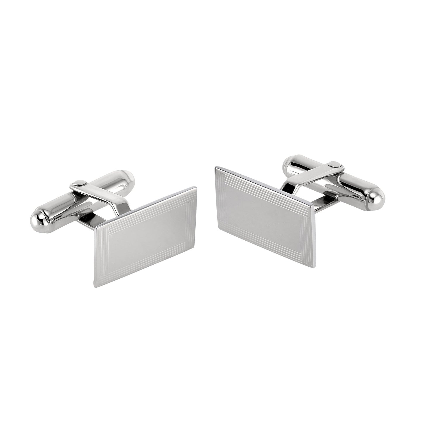 A sterling silver rectangle engine turned cufflinks displayed on a neutral white background.