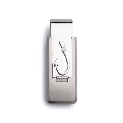 A stainless steel flip money clip with fish hook displayed on a neutral white background.