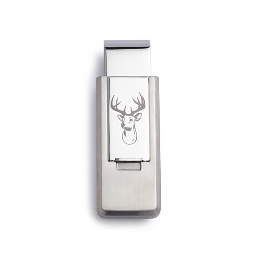 A stainless steel flip money clip with deer head displayed on a neutral white background.