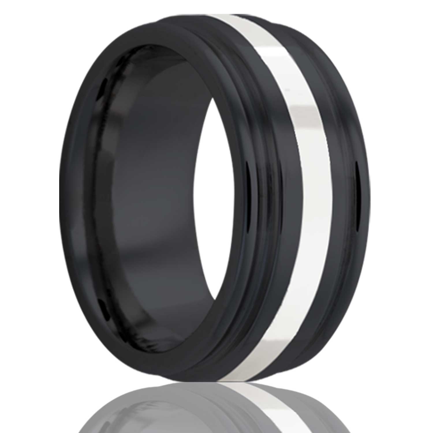 A argentium silver inlaid zirconium wedding band with satin finish & grooved edges displayed on a neutral white background.