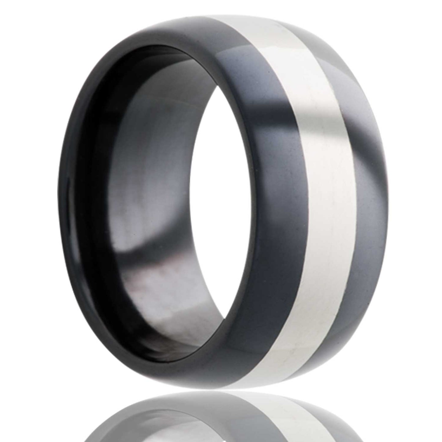 A domed zirconium wedding band with polished stripe displayed on a neutral white background.