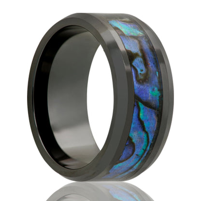Abalone Inlay Ceramic Wedding Band with Beveled Edges
