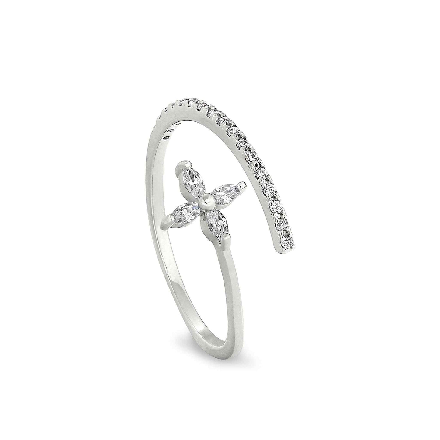A adjustable twist flower ring with simulated diamonds displayed on a neutral white background.