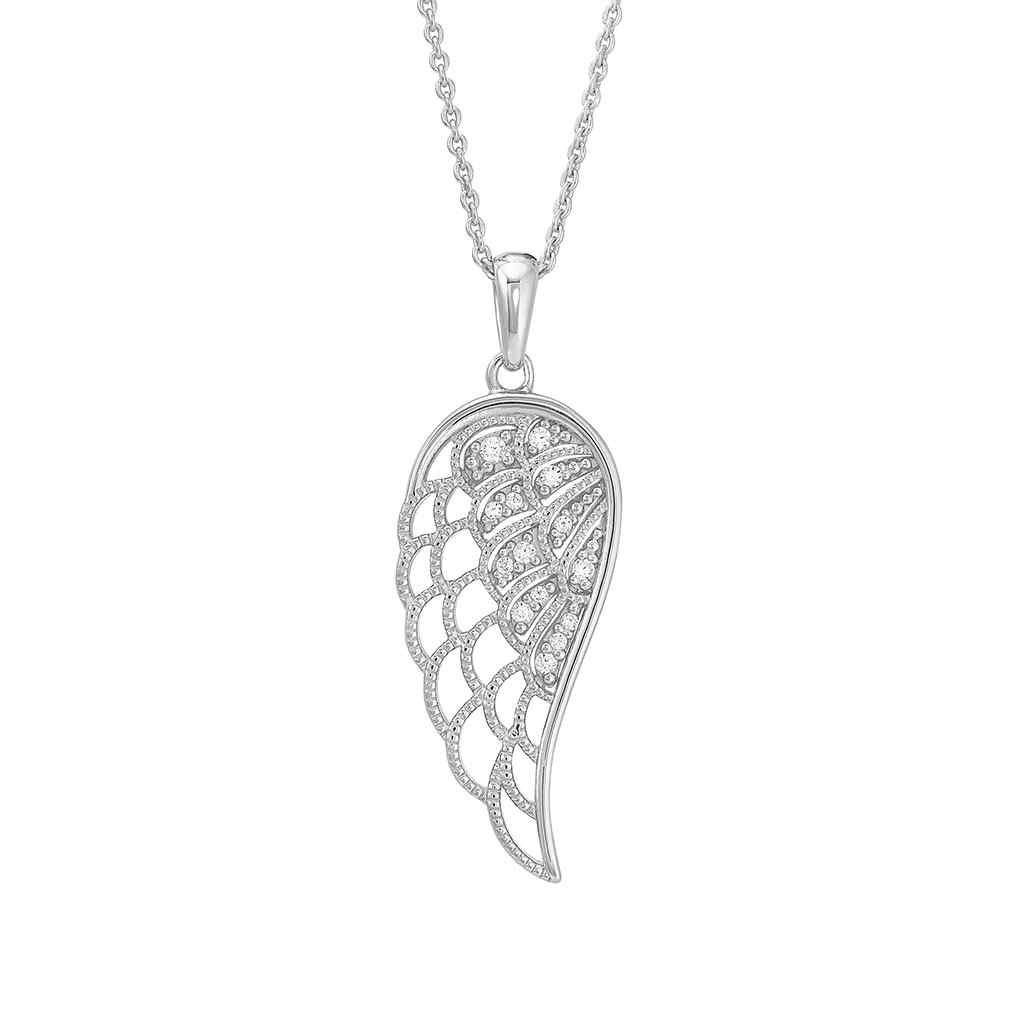 A simulated diamonds angel wing necklace displayed on a neutral white background.