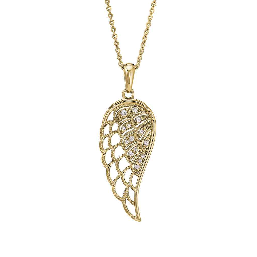 A simulated diamonds angel wing necklace displayed on a neutral white background.