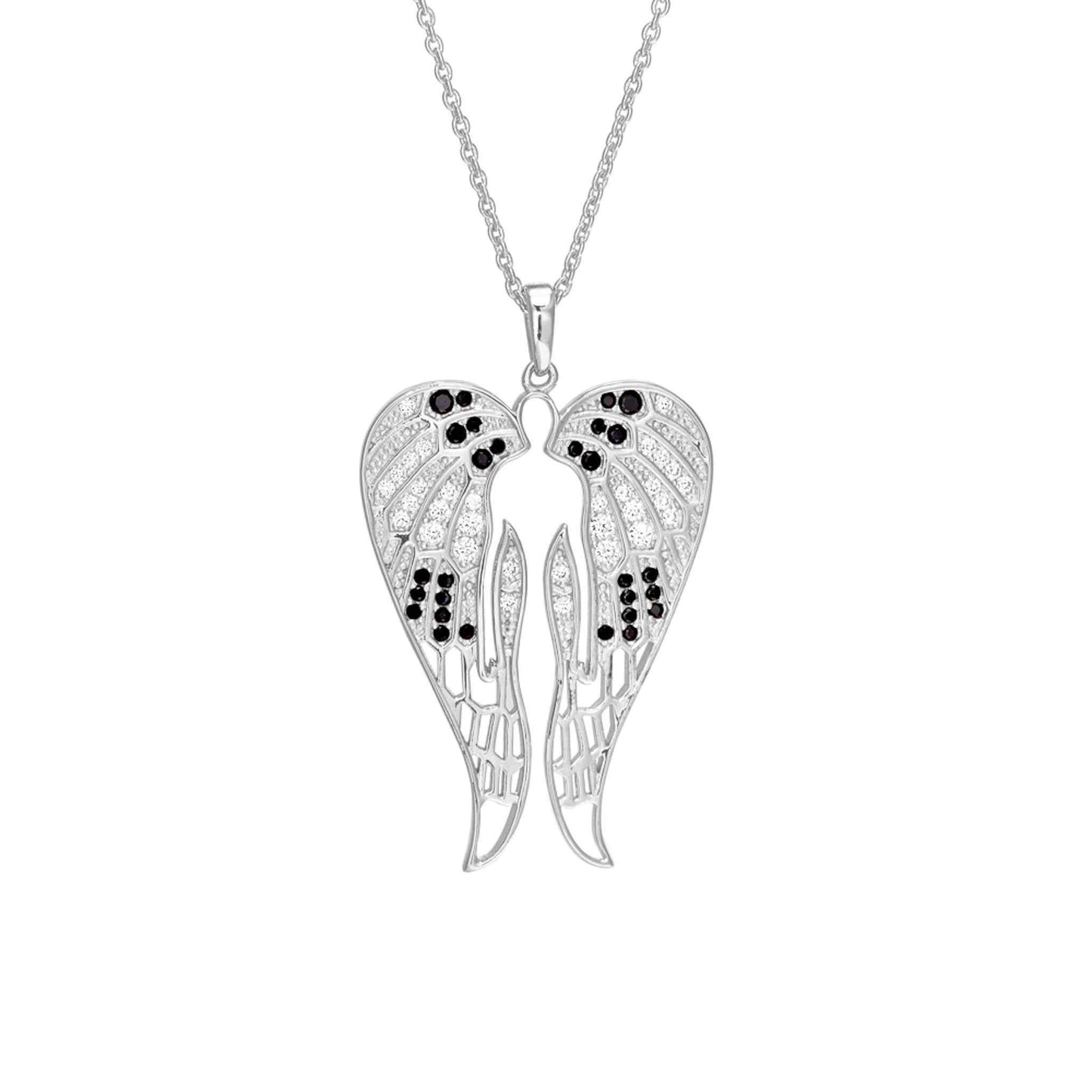 A angel wings necklace with simulated diamonds displayed on a neutral white background.