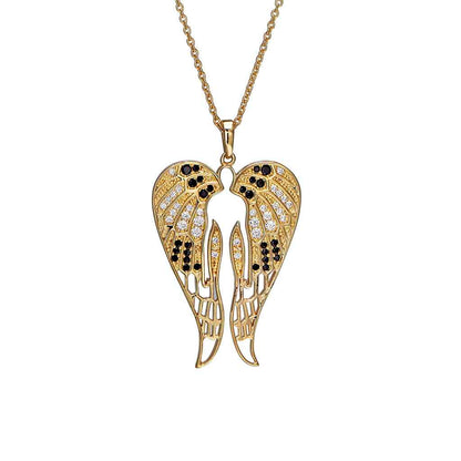 A angel wings necklace with simulated diamonds displayed on a neutral white background.