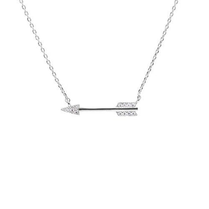 A arrow necklace with simulated diamonds displayed on a neutral white background.
