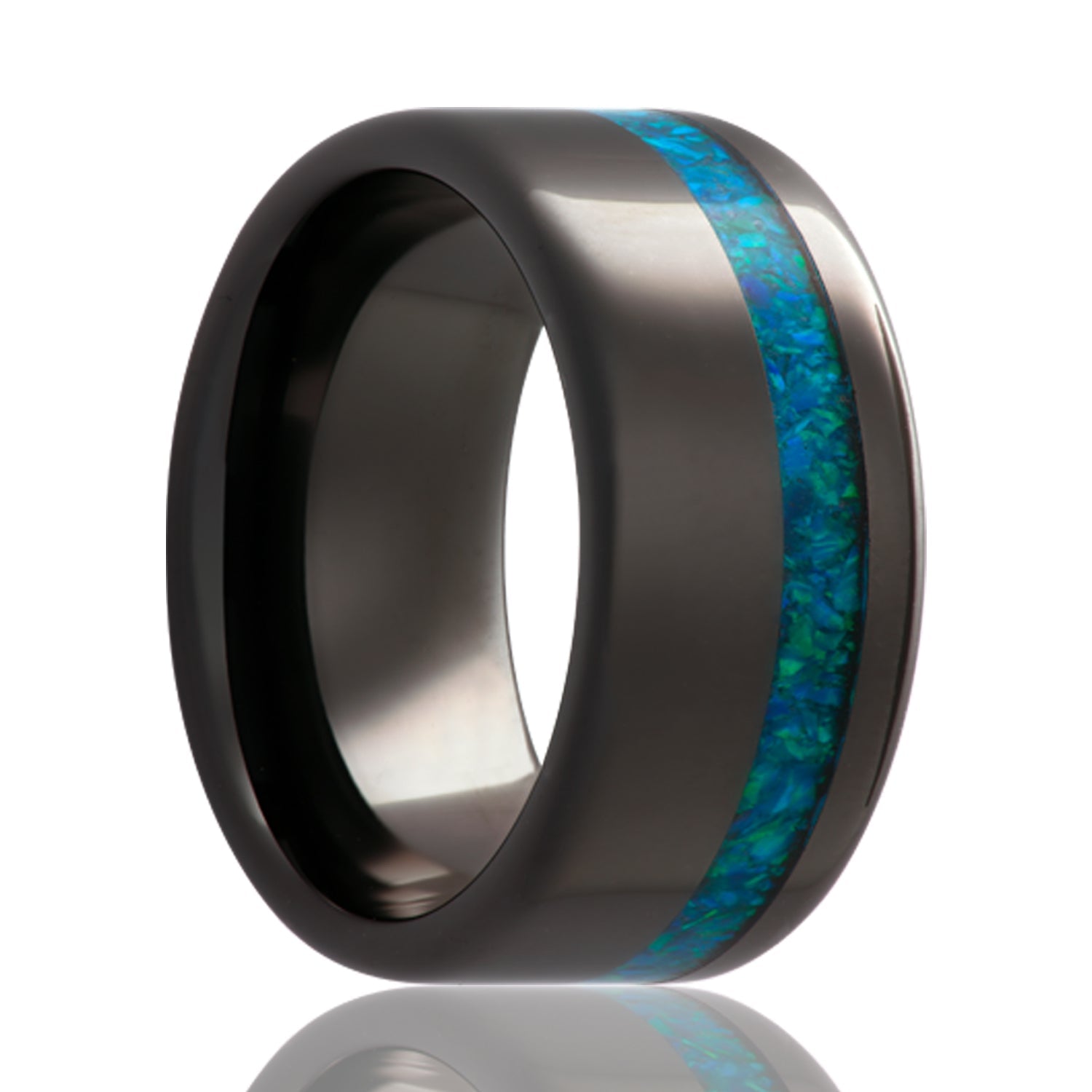 Asymmetrical Blue Opal Inlay Black Ceramic Wedding Band