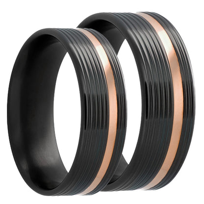 Asymmetrical Rose Gold Grooved Zirconium Couple's Matching Wedding Band Set