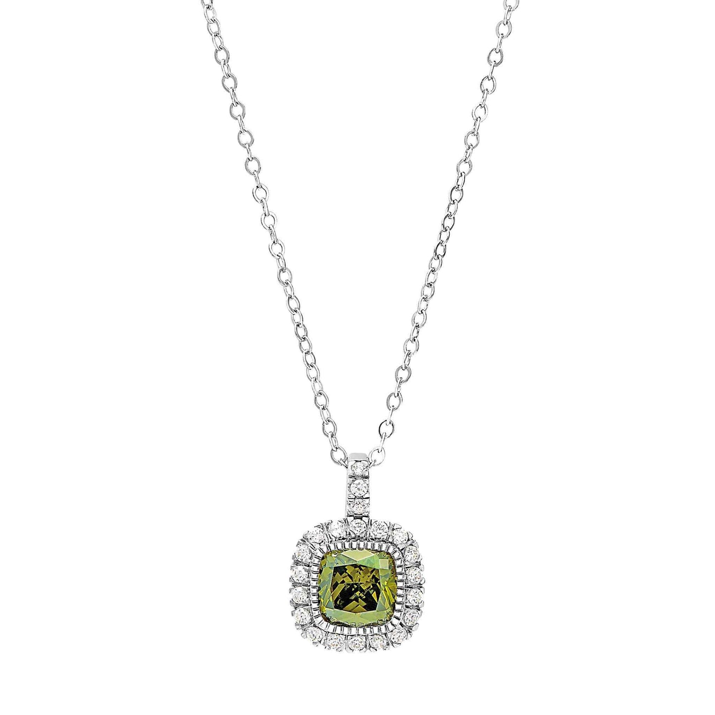 A cushion birthstone necklace with simulated diamonds displayed on a neutral white background.