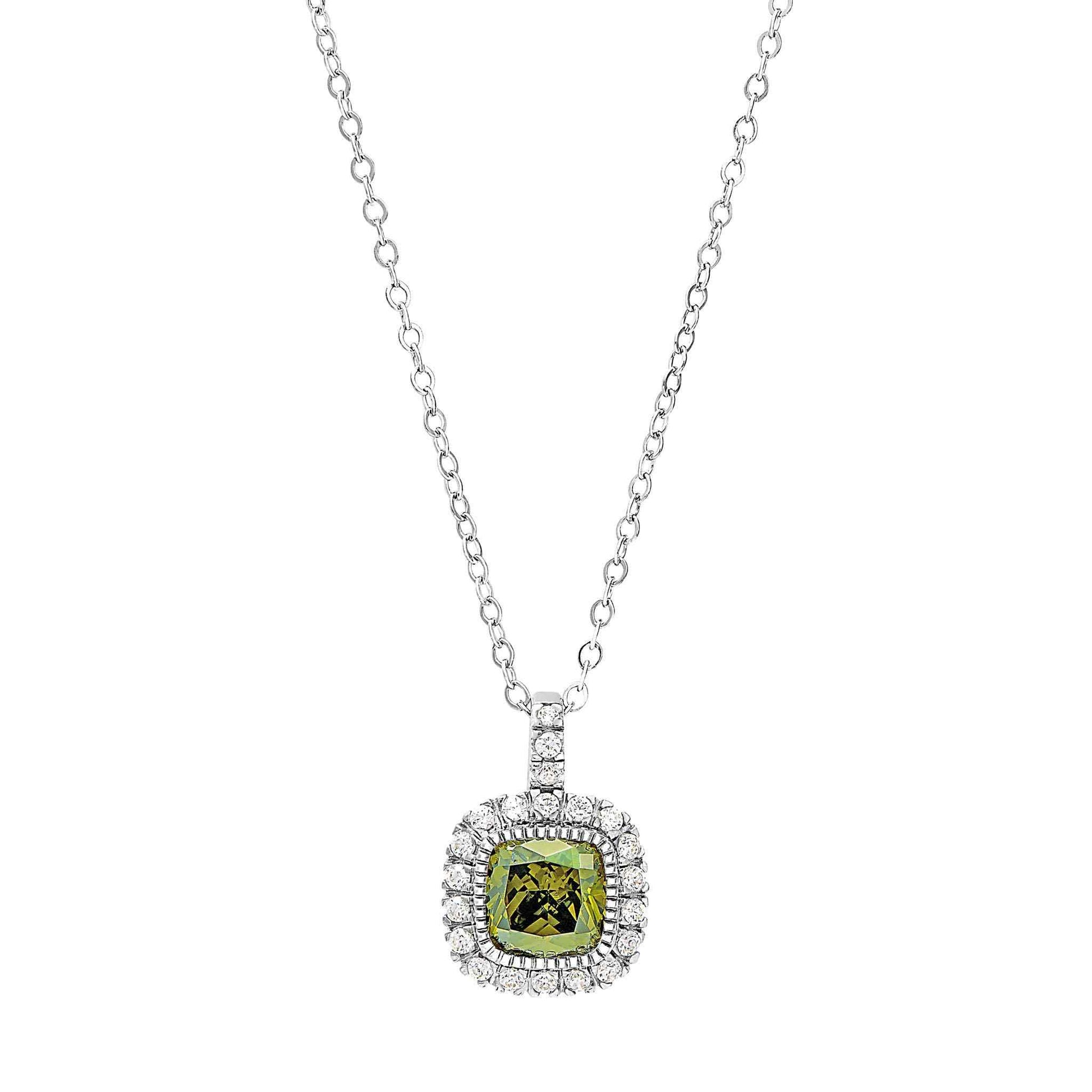 A cushion birthstone necklace with simulated diamonds displayed on a neutral white background.