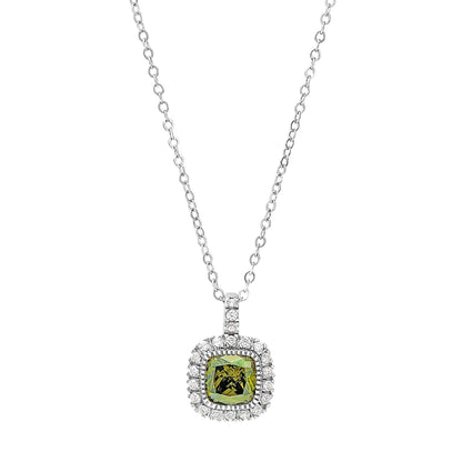 A cushion birthstone necklace with simulated diamonds displayed on a neutral white background.