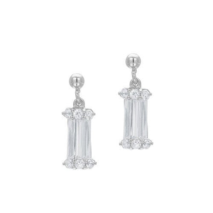 A baguette cut simulated diamond earrings displayed on a neutral white background.