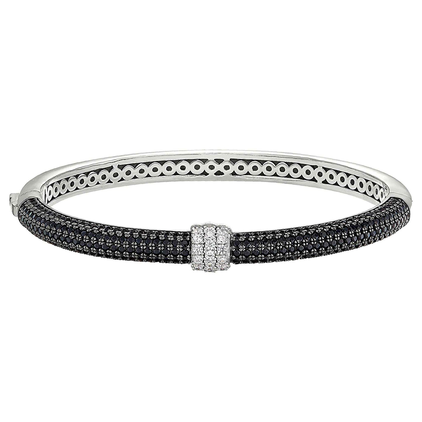A bangle bracelet with black & white simulated diamonds displayed on a neutral white background.