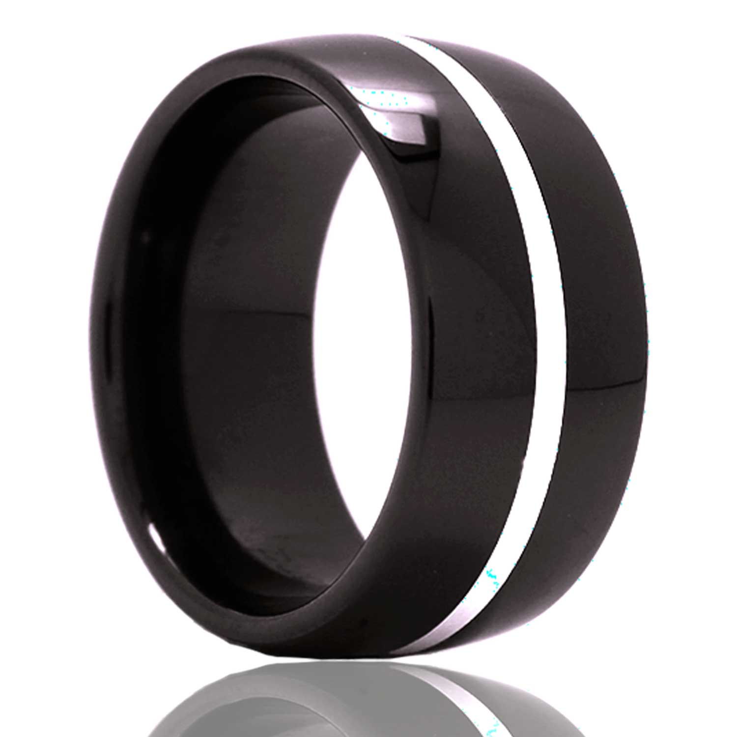 A argentium silver inlay domed black ceramic men's wedding band displayed on a neutral white background.