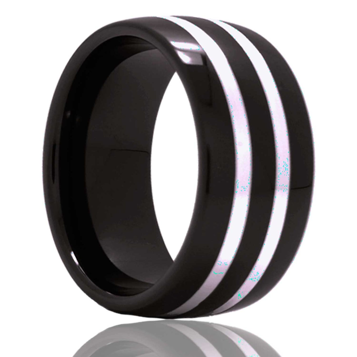 A dual argentium silver inlay domed black ceramic men's wedding band displayed on a neutral white background.
